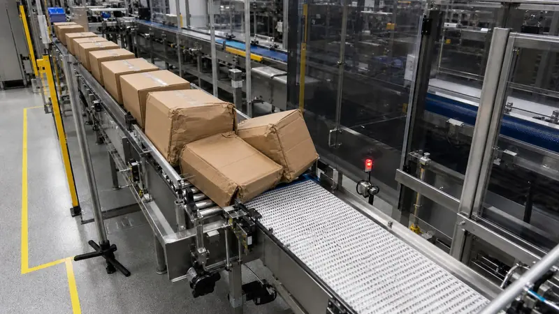 Crushed cartons jammed across a conveyor transfer