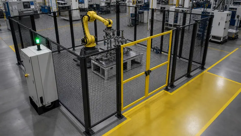 Healthy guarded robotic cell with a closed gate
