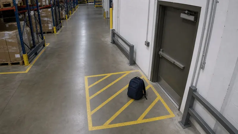 Backpack left beside a warehouse exit